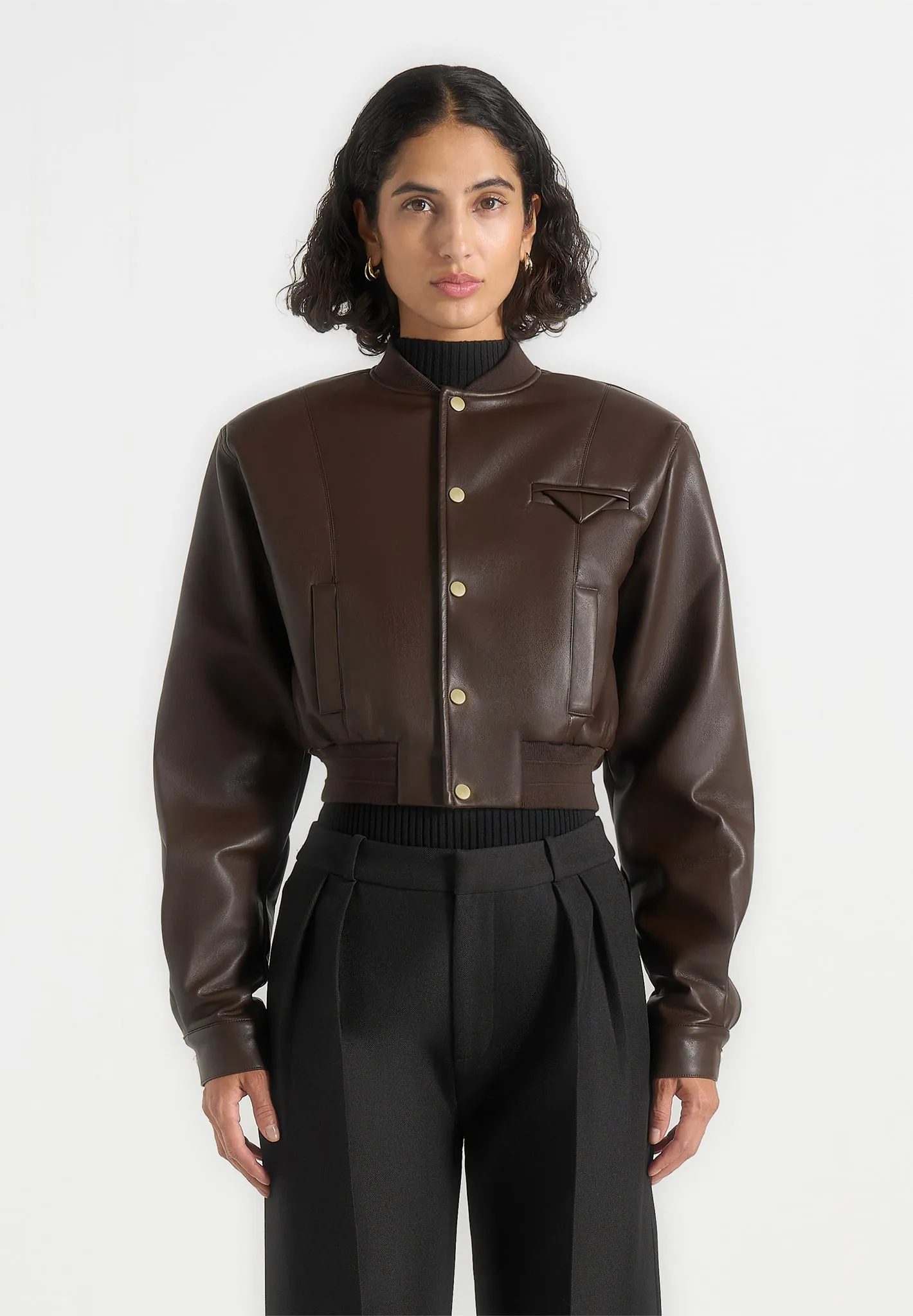 Zina - Leather Wide Shoulder Bomber Jacket - Brown sold by Maniere De Voir product image thumbnail 4