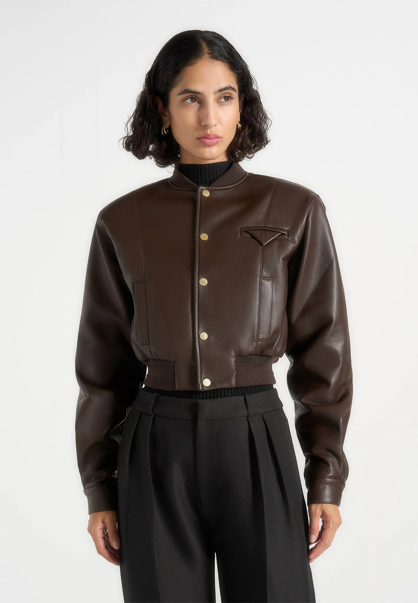 Zina - Leather Wide Shoulder Bomber Jacket - Brown sold by Maniere De Voir product image thumbnail 3