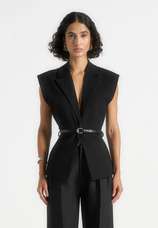 Linda - Tailored Wide Shoulder Cinched Waistcoat - Black sold by Maniere De Voir