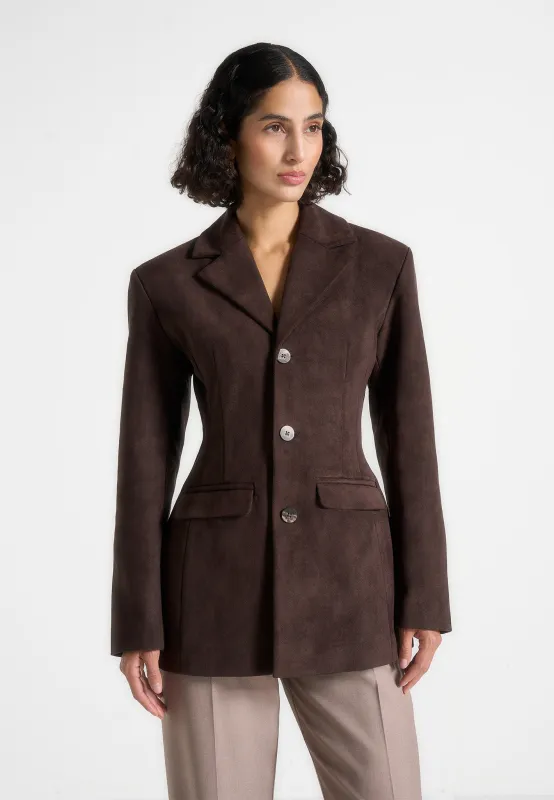 Claire - Suede Wide Shoulder Cinch Waist Blazer - Brown sold by Maniere De Voir
