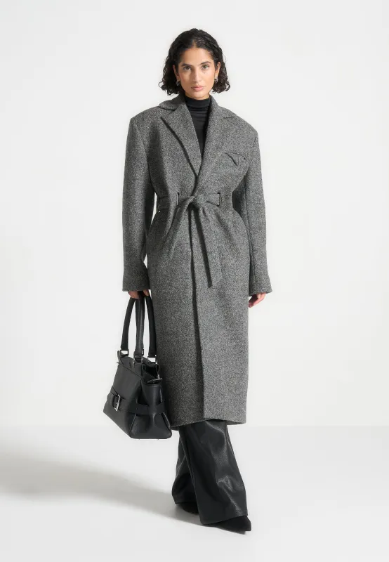 Jena - Wide Shoulder Wool Coat with Cinch Belt - Grey sold by Maniere De Voir