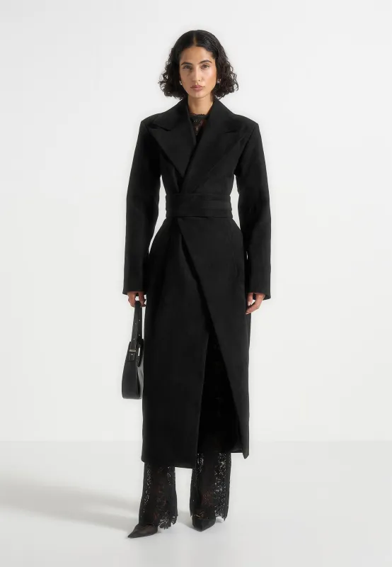 Esma - Suede Asymmetric Coat with Cinch Belt - Black sold by Maniere De Voir