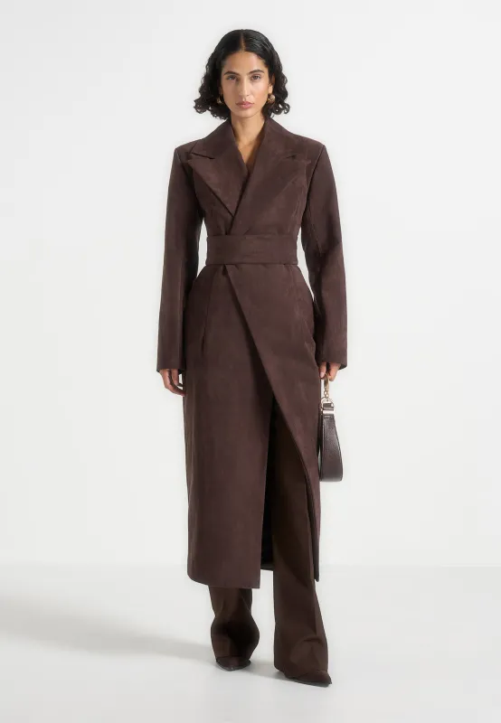 Esma - Suede Asymmetric Coat with Cinch Belt - Brown sold by Maniere De Voir