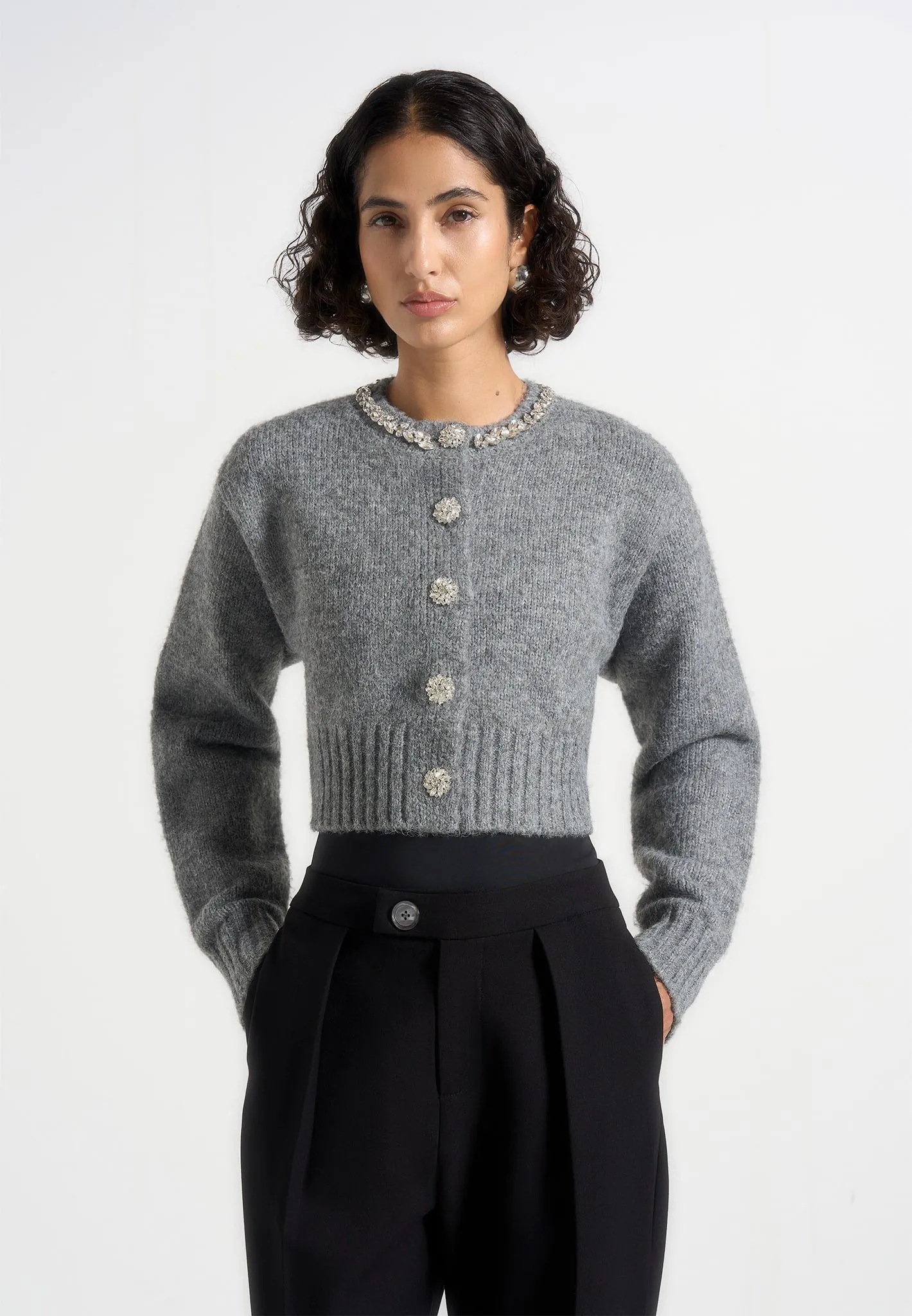 Caren - Embellished Brushed Wool Knit Cardigan - Grey sold by Maniere De Voir product image thumbnail 3