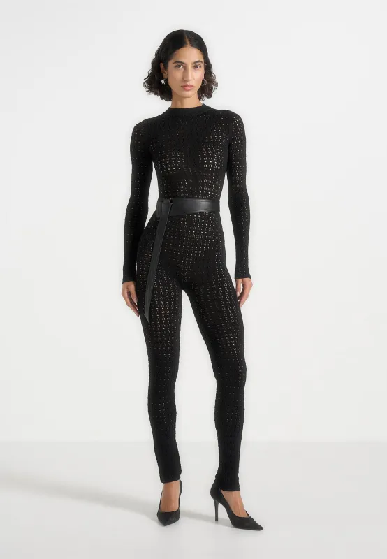 Tiana - Pointelle Knit Long Sleeve Jumpsuit with Belt - Black sold by Maniere De Voir