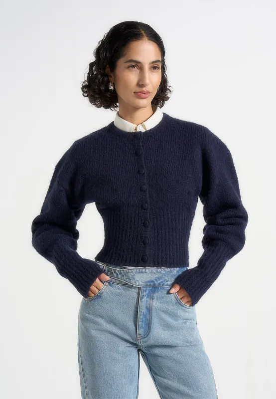 Mayla - Knitted Cinch Waist Cardigan - Navy made by Maniere De Voir