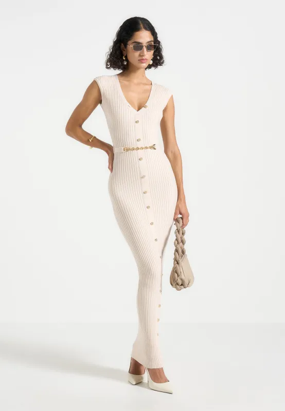 Helene - Knitted Midaxi Dress with Belt - Beige sold by Maniere De Voir
