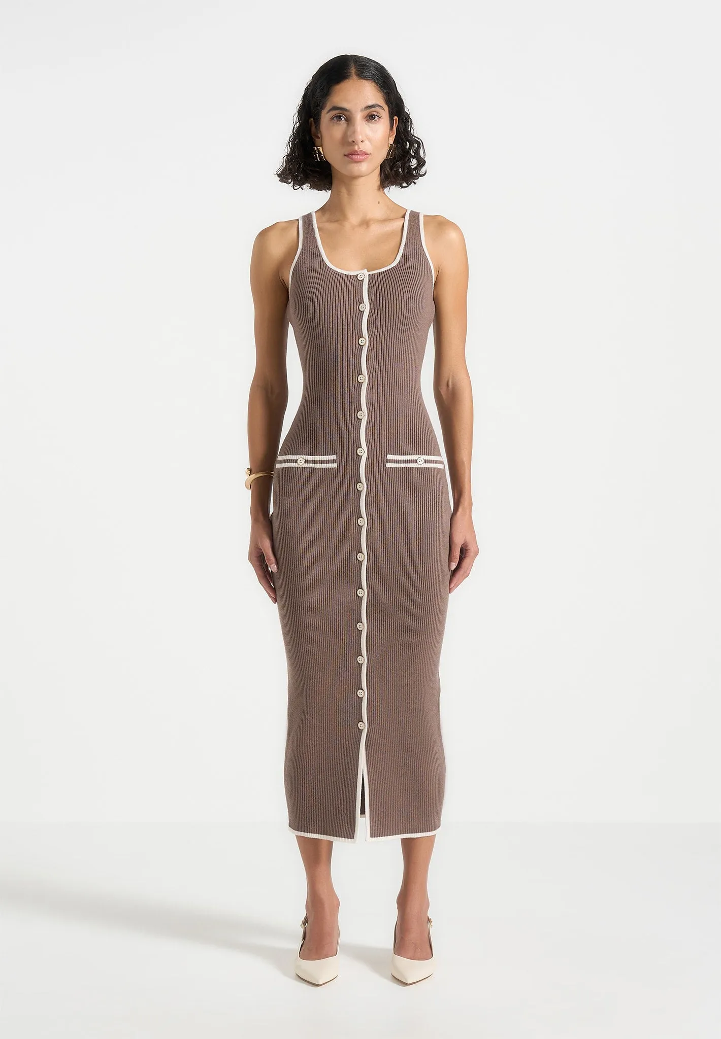 Daphne - Rib Knit Contrast Midaxi Dress - Brown/Cream sold by Maniere De Voir product image thumbnail 5