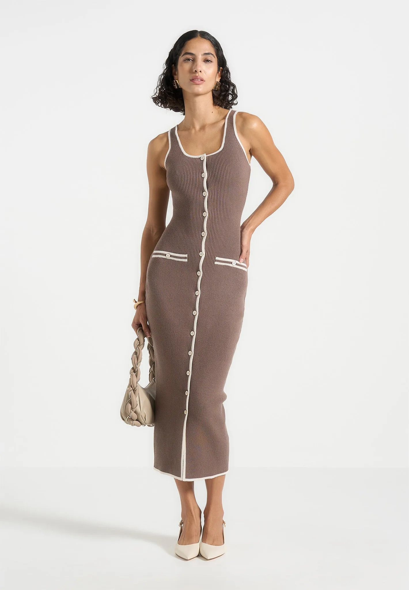 Daphne - Rib Knit Contrast Midaxi Dress - Brown/Cream sold by Maniere De Voir