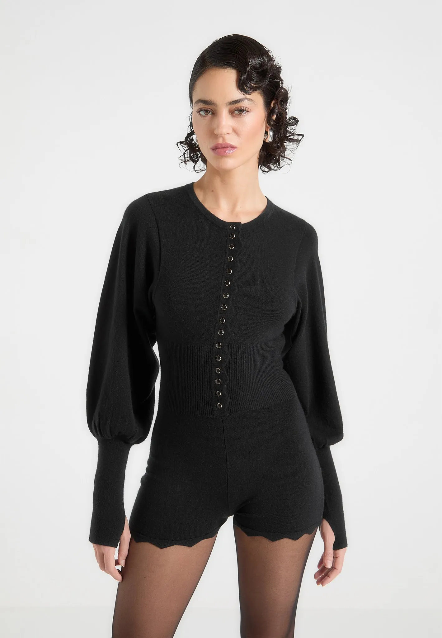 Michele - Knitted Scallop Hem Playsuit - Black sold by Maniere De Voir product image thumbnail 2