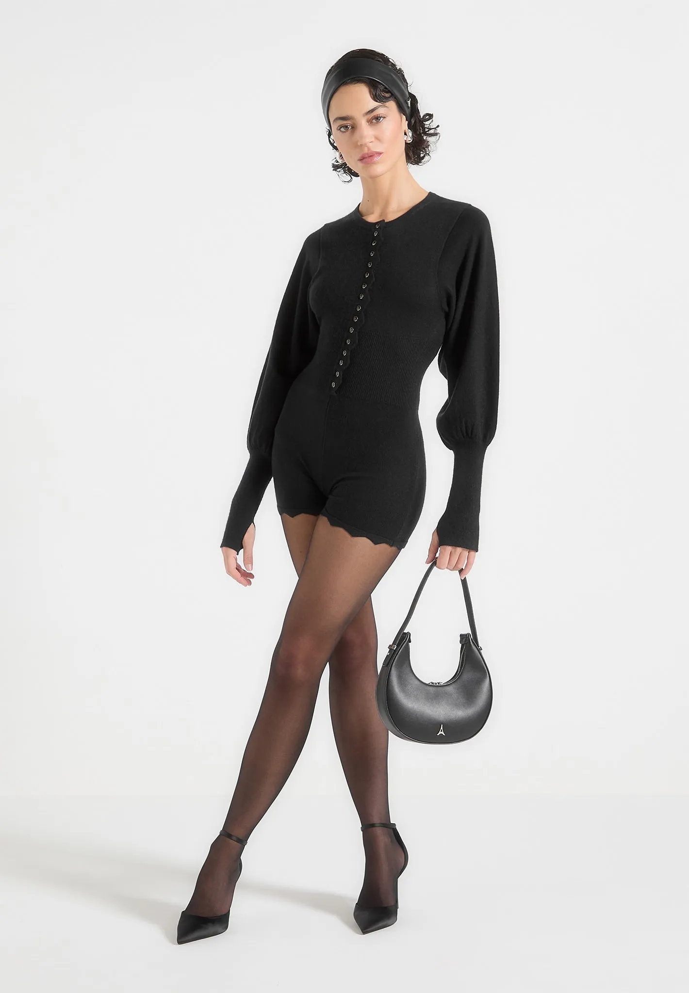 Michele - Knitted Scallop Hem Playsuit - Black sold by Maniere De Voir
