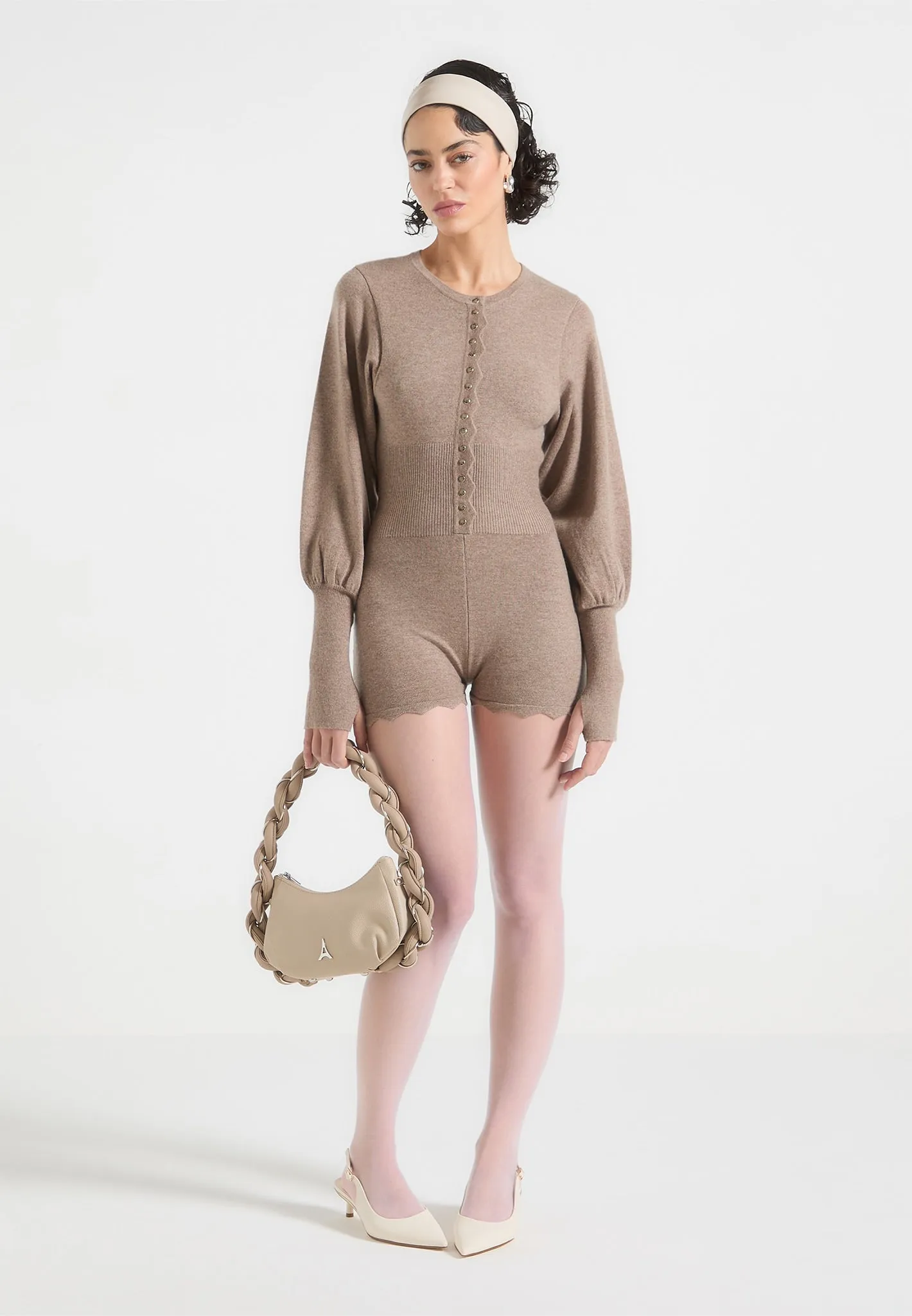 Michele - Knitted Scallop Hem Playsuit - Taupe sold by Maniere De Voir