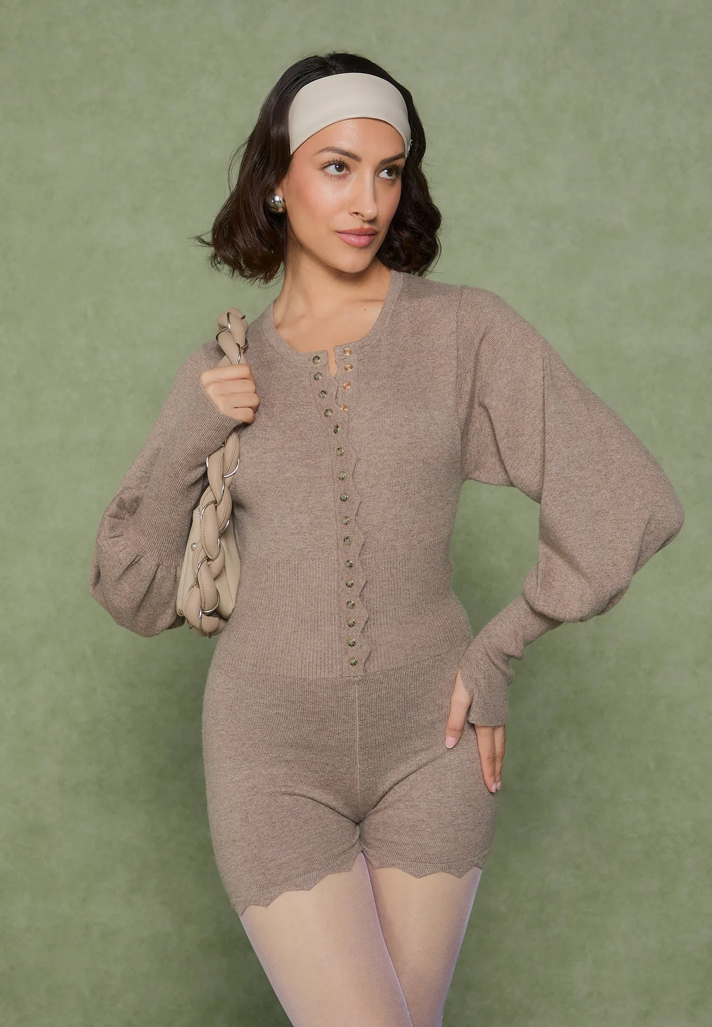 Michele - Knitted Scallop Hem Playsuit - Taupe sold by Maniere De Voir product image thumbnail 3