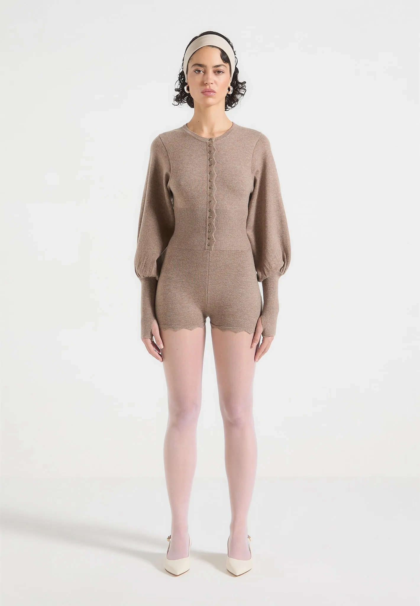Michele - Knitted Scallop Hem Playsuit - Taupe sold by Maniere De Voir product image thumbnail 4