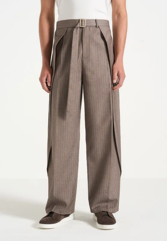 Charles - Wide Fit Wrap Leg Pinstripe Tailored Trousers - Taupe sold by Maniere De Voir