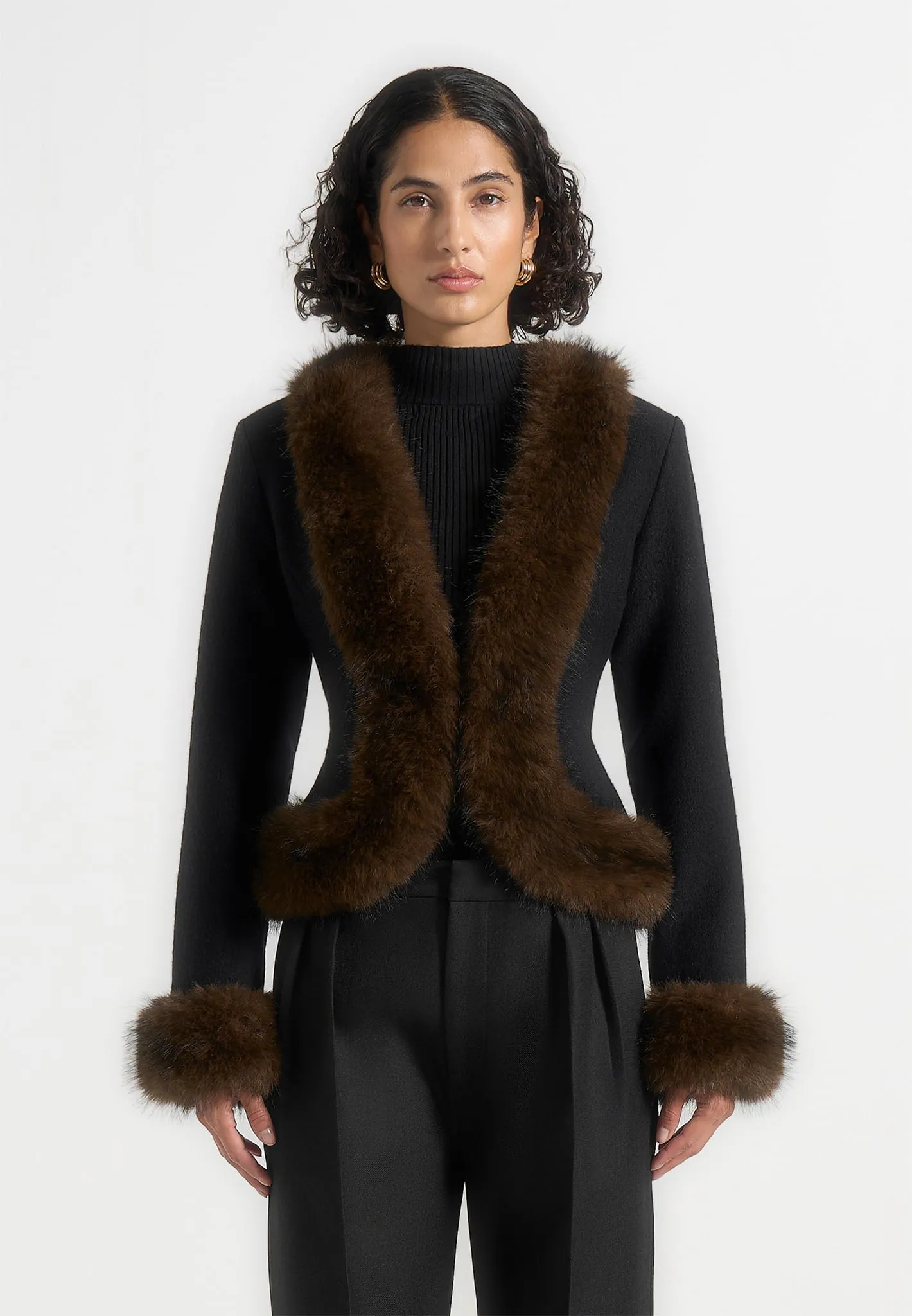 Lina - Sculpted Wool & Fur Trim Jacket - Black sold by Maniere De Voir product image thumbnail 5