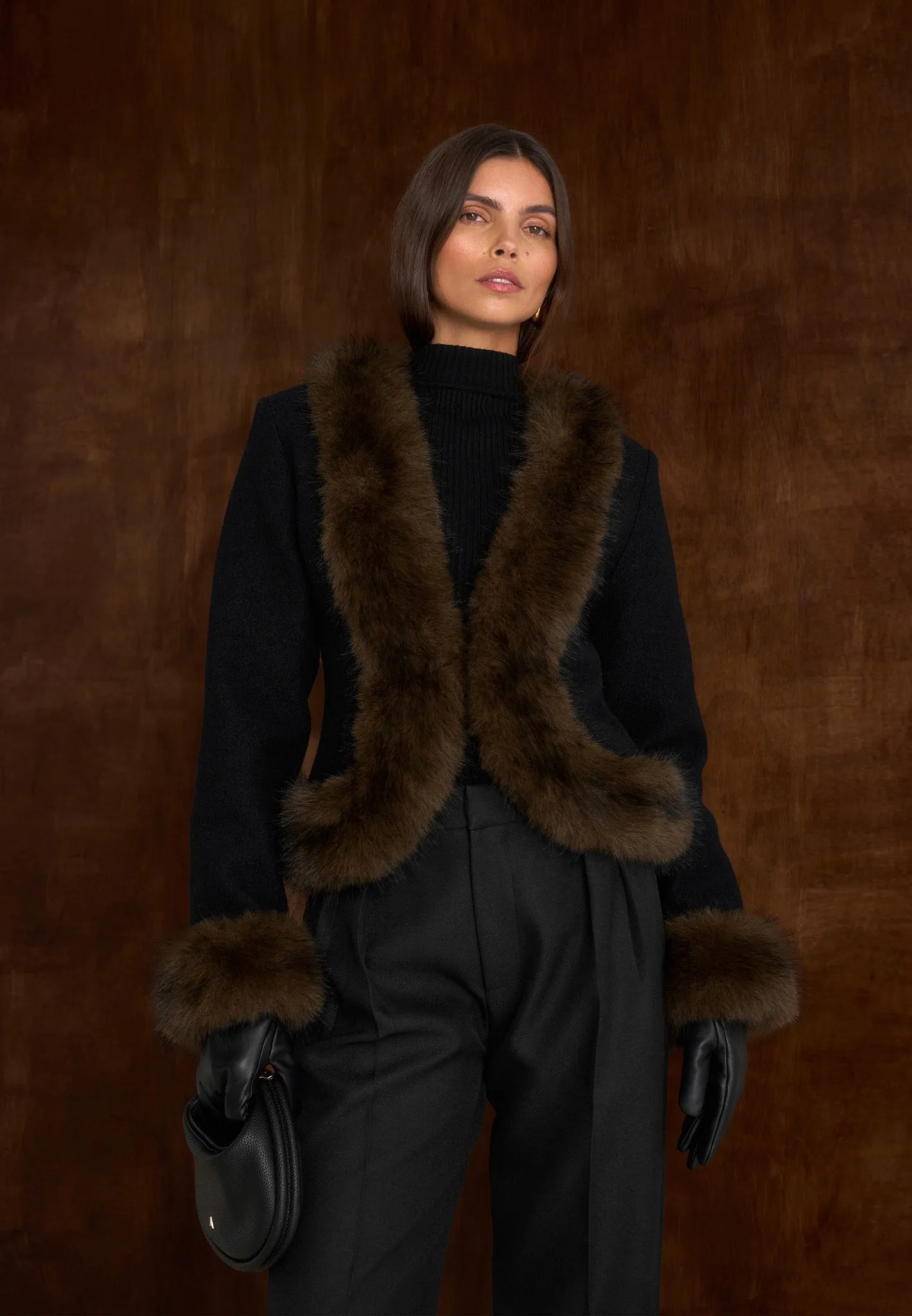 Lina - Sculpted Wool & Fur Trim Jacket - Black sold by Maniere De Voir product image thumbnail 4