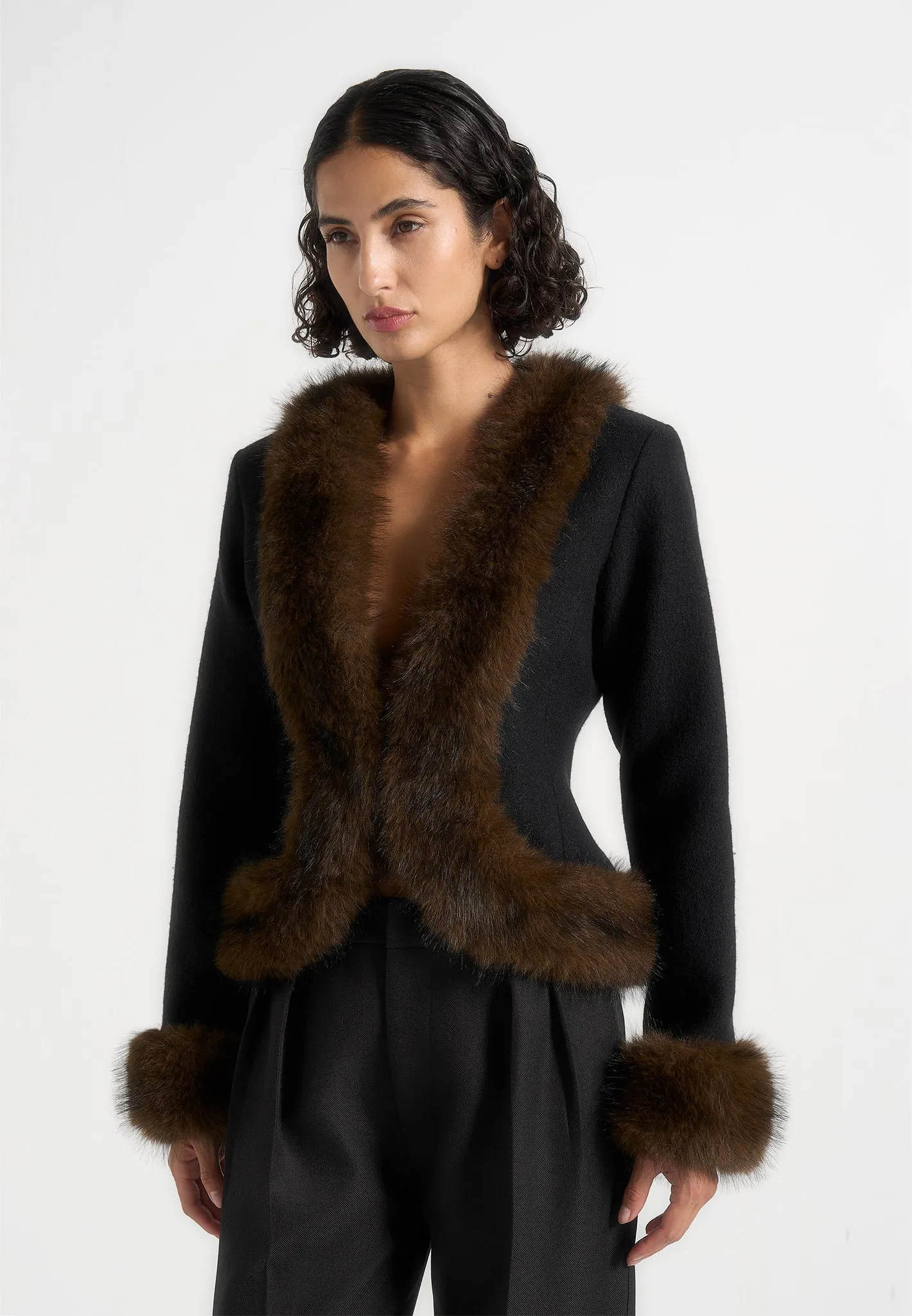 Lina - Sculpted Wool & Fur Trim Jacket - Black sold by Maniere De Voir product image thumbnail 2