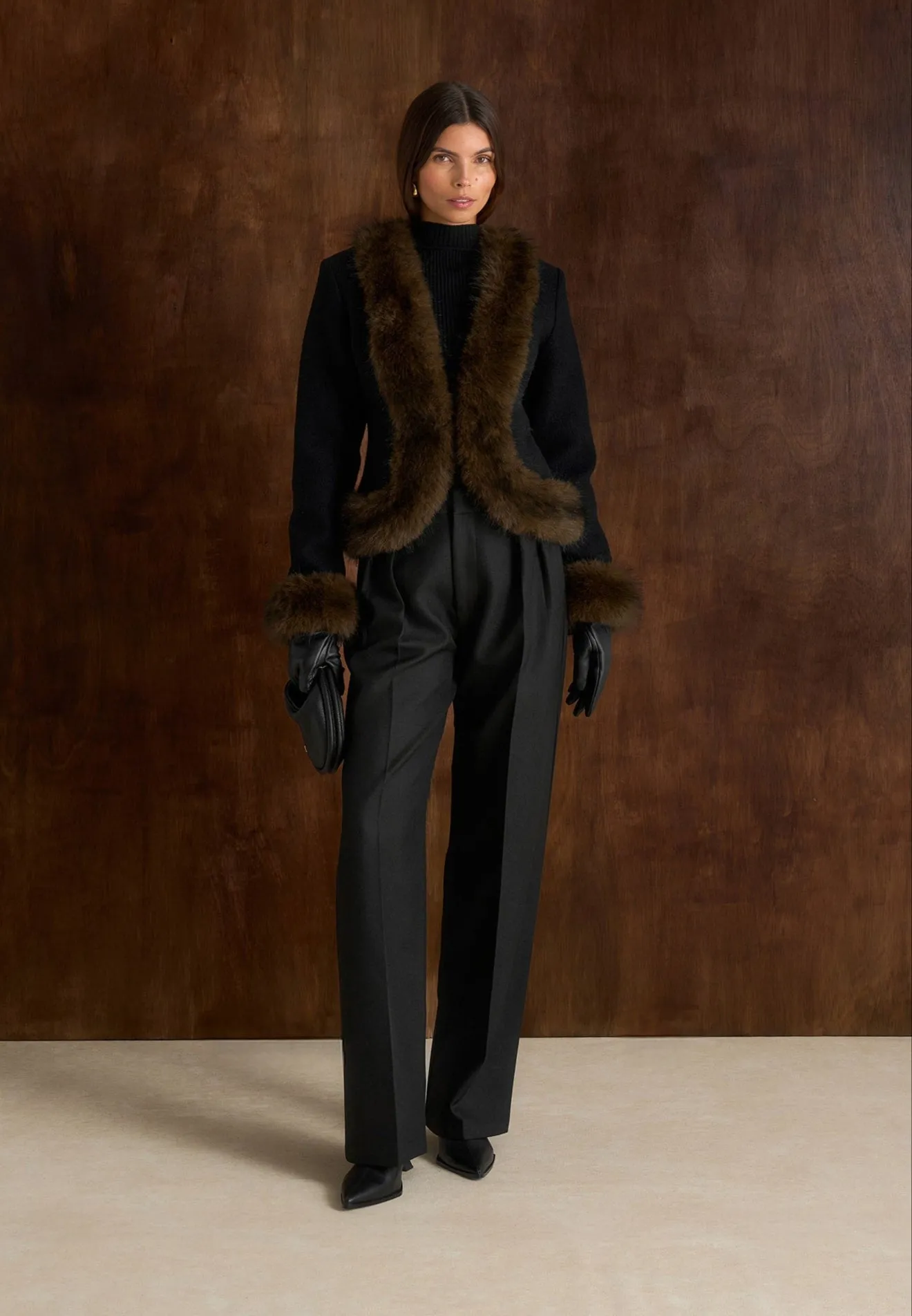 Lina - Sculpted Wool & Fur Trim Jacket - Black sold by Maniere De Voir