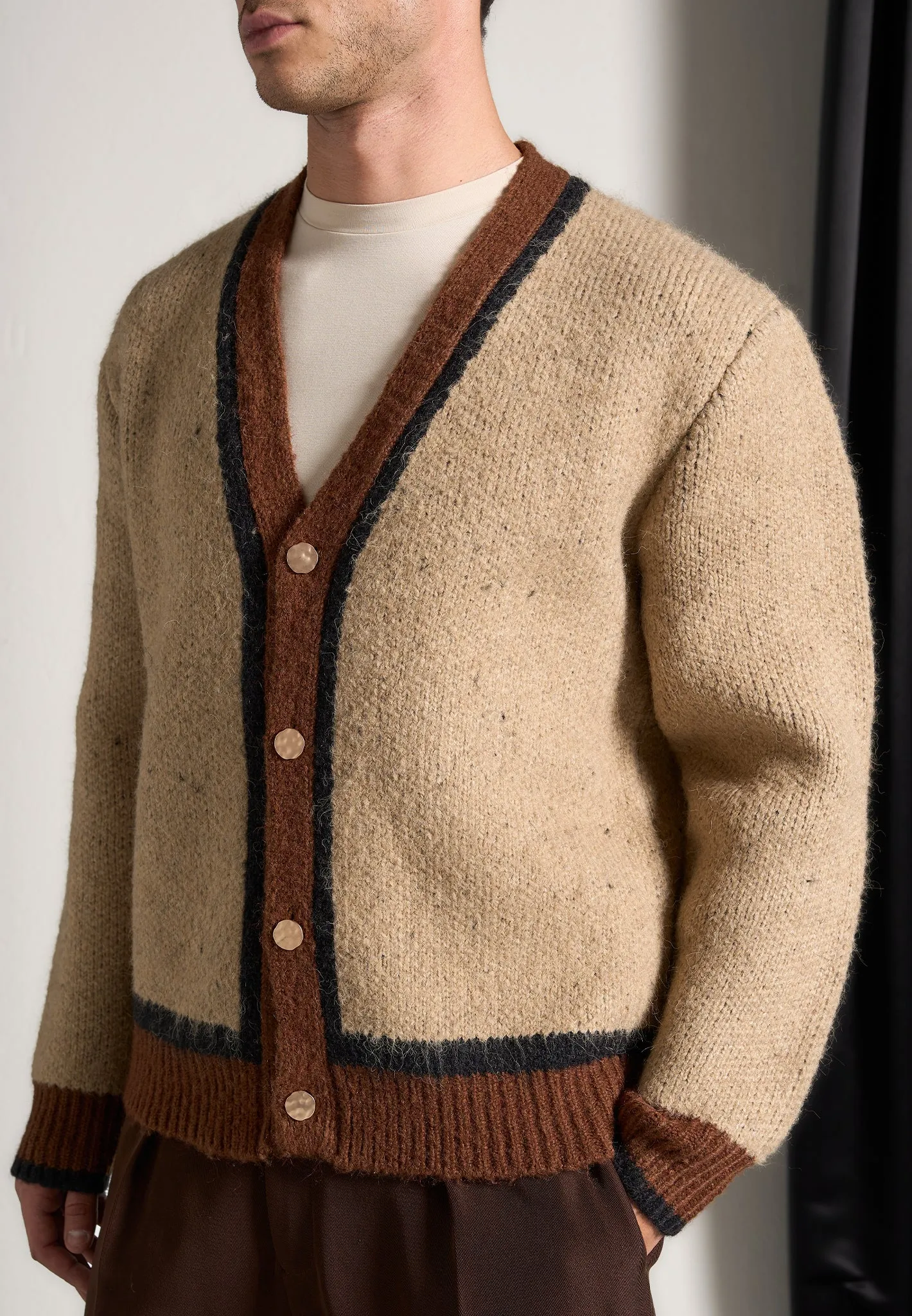 Elon - Wool Knit Contrast Cardigan - Taupe sold by Maniere De Voir product image thumbnail 5
