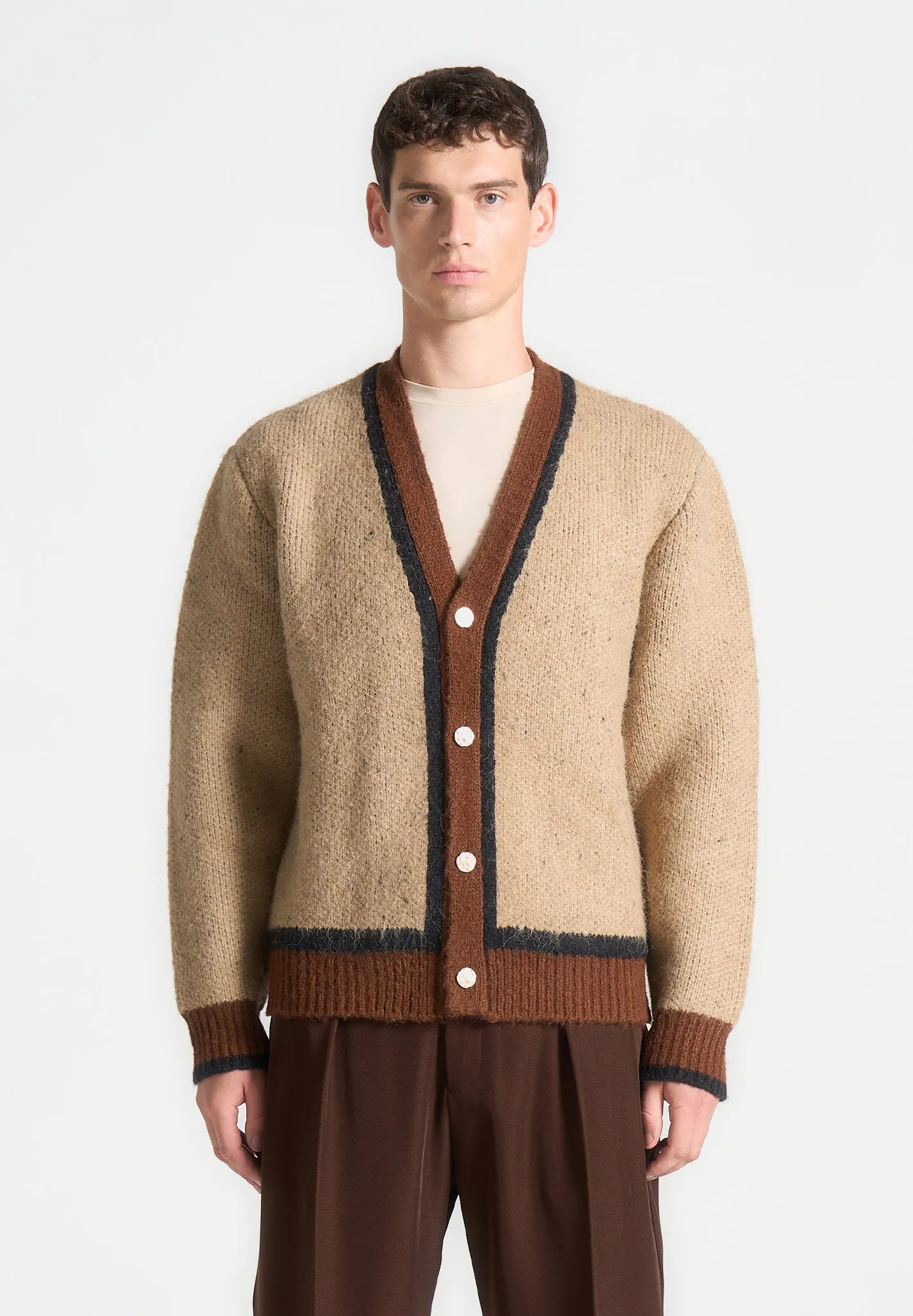 Elon - Wool Knit Contrast Cardigan - Taupe sold by Maniere De Voir product image thumbnail 2