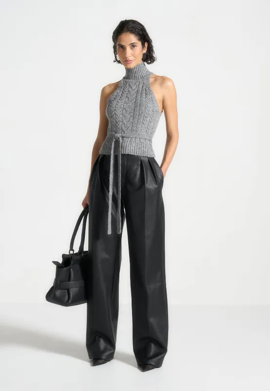 Mirim - Halter Cable Knit Wool Top with Tie - Grey sold by Maniere De Voir