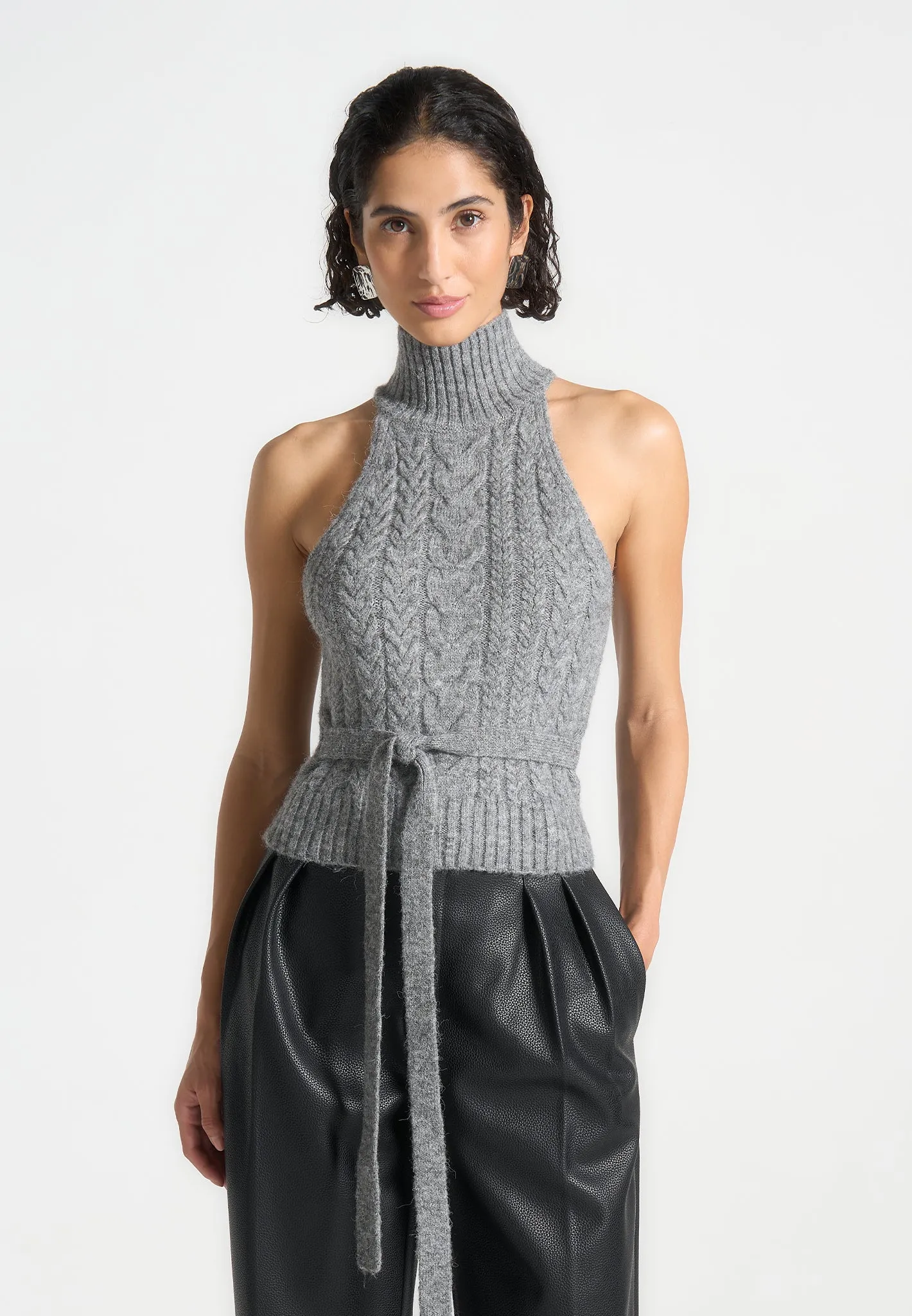 Mirim - Halter Cable Knit Wool Top with Tie - Grey sold by Maniere De Voir product image thumbnail 3