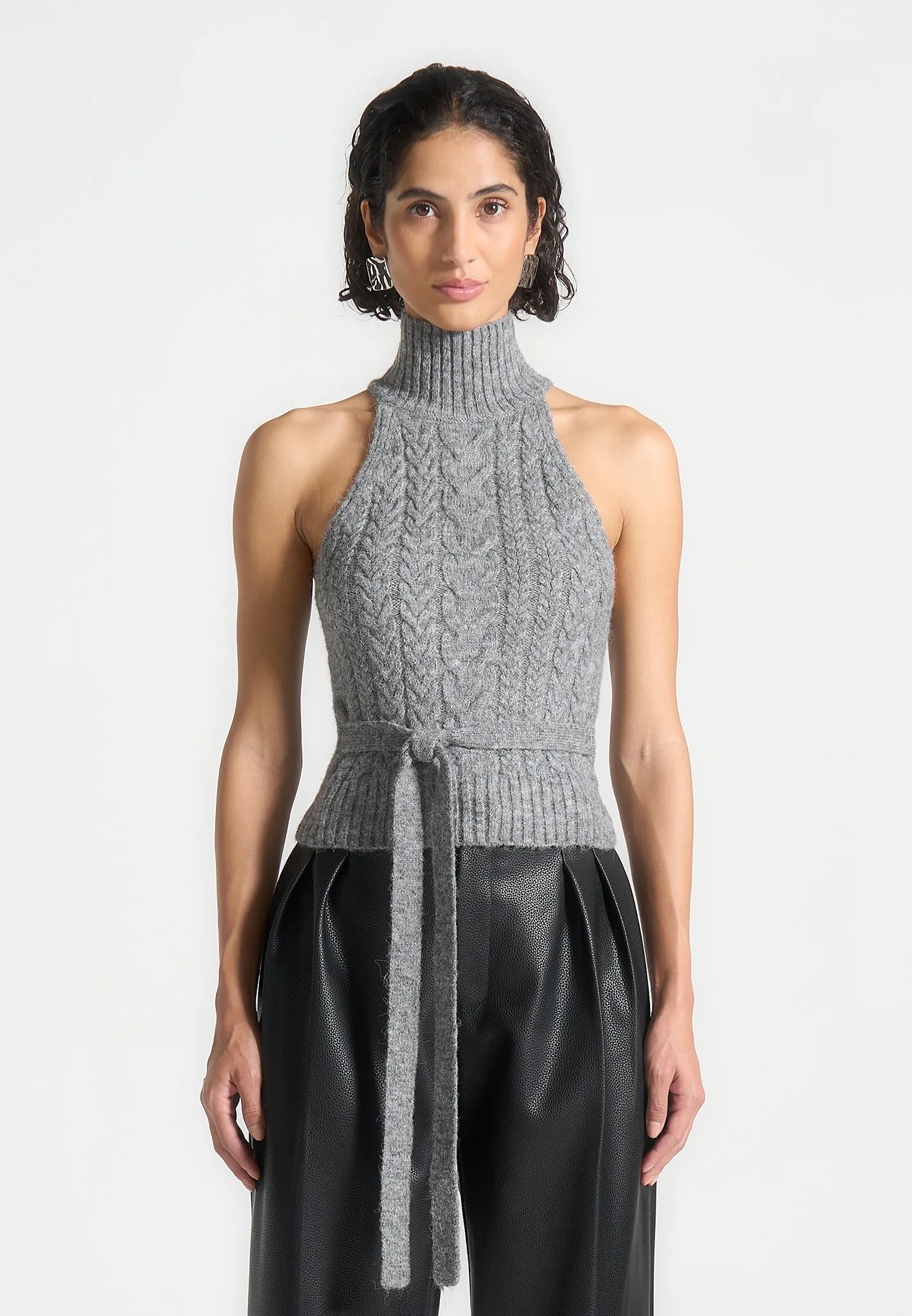 Mirim - Halter Cable Knit Wool Top with Tie - Grey sold by Maniere De Voir product image thumbnail 4