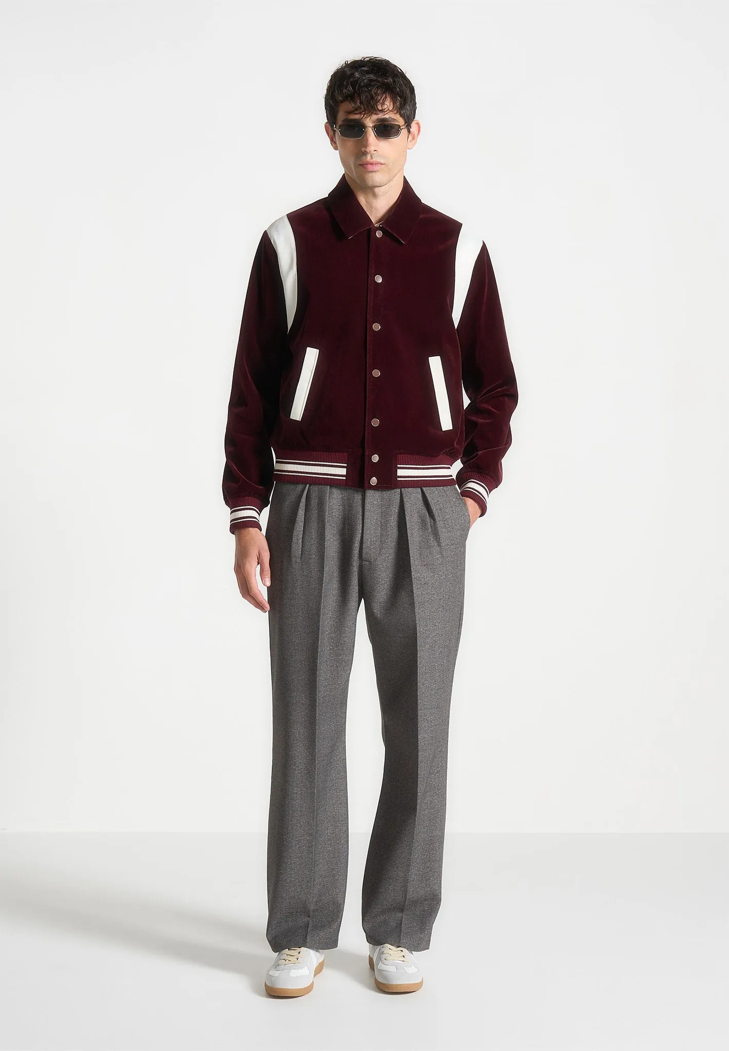 Nico - Velvet & Satin Varsity Jacket - Wine Red sold by Maniere De Voir