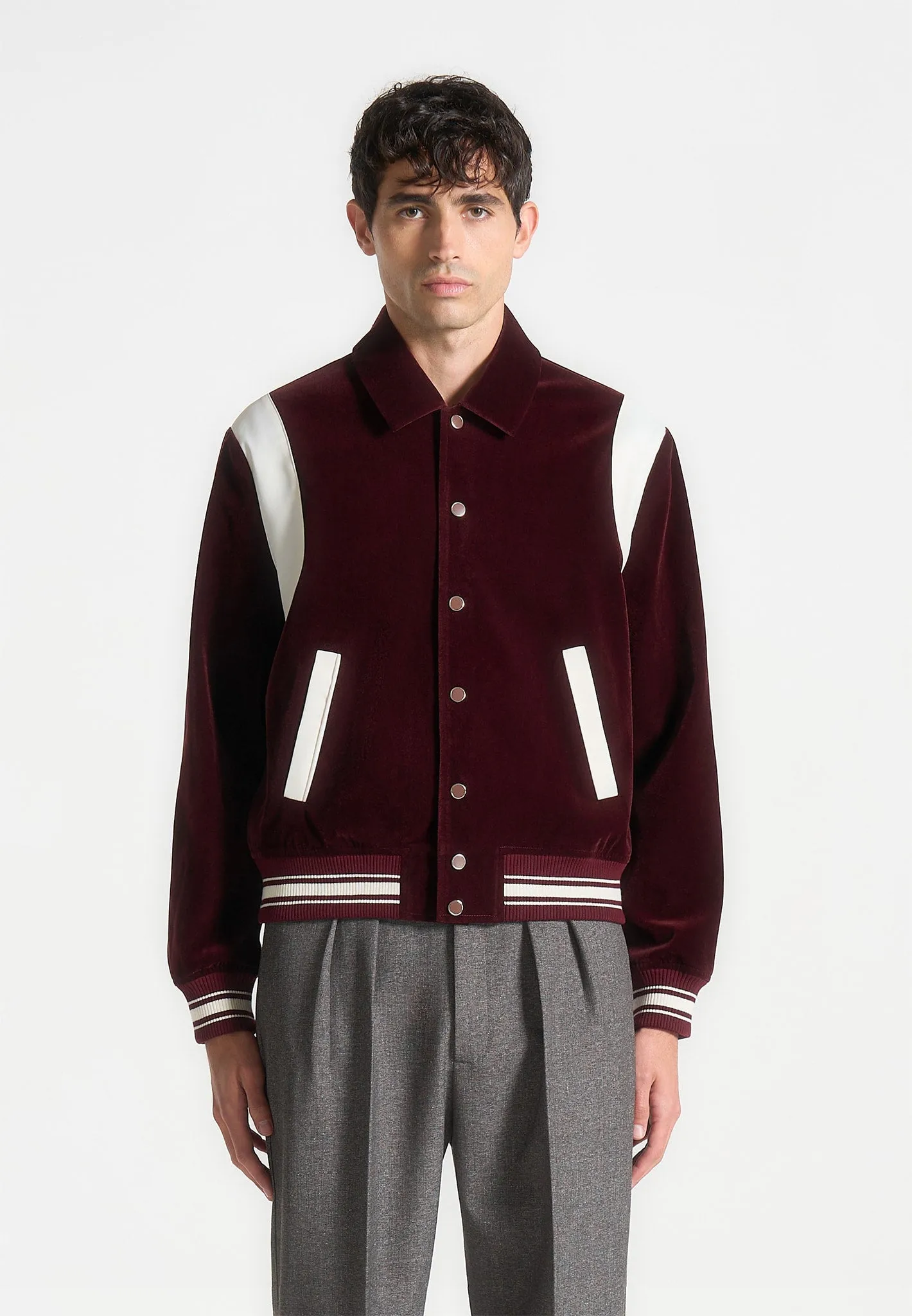 Nico - Velvet & Satin Varsity Jacket - Wine Red sold by Maniere De Voir product image thumbnail 4