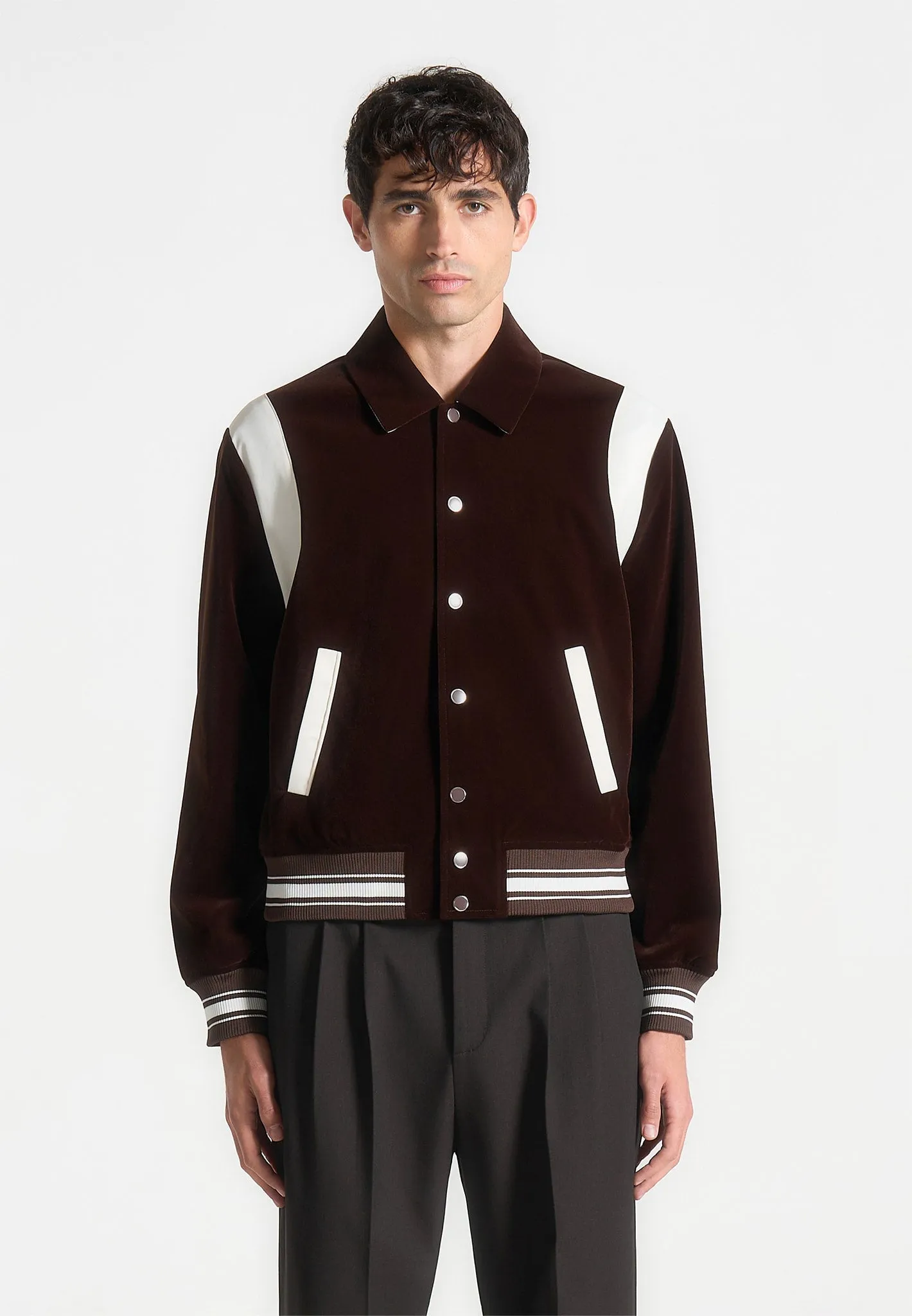 Nico - Velvet & Satin Varsity Jacket - Brown sold by Maniere De Voir product image thumbnail 2