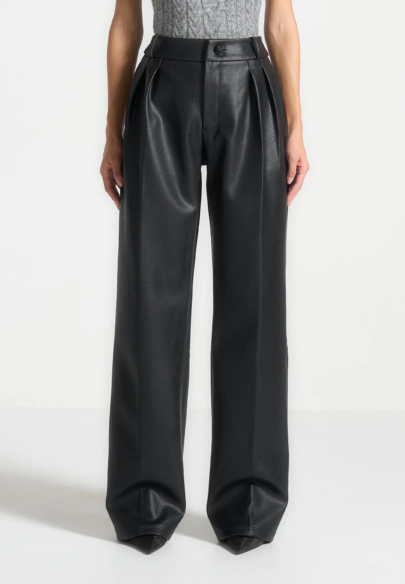 Olivia - Pebbled Leather Pleated Stacked Trousers - Black sold by Maniere De Voir product image thumbnail 4