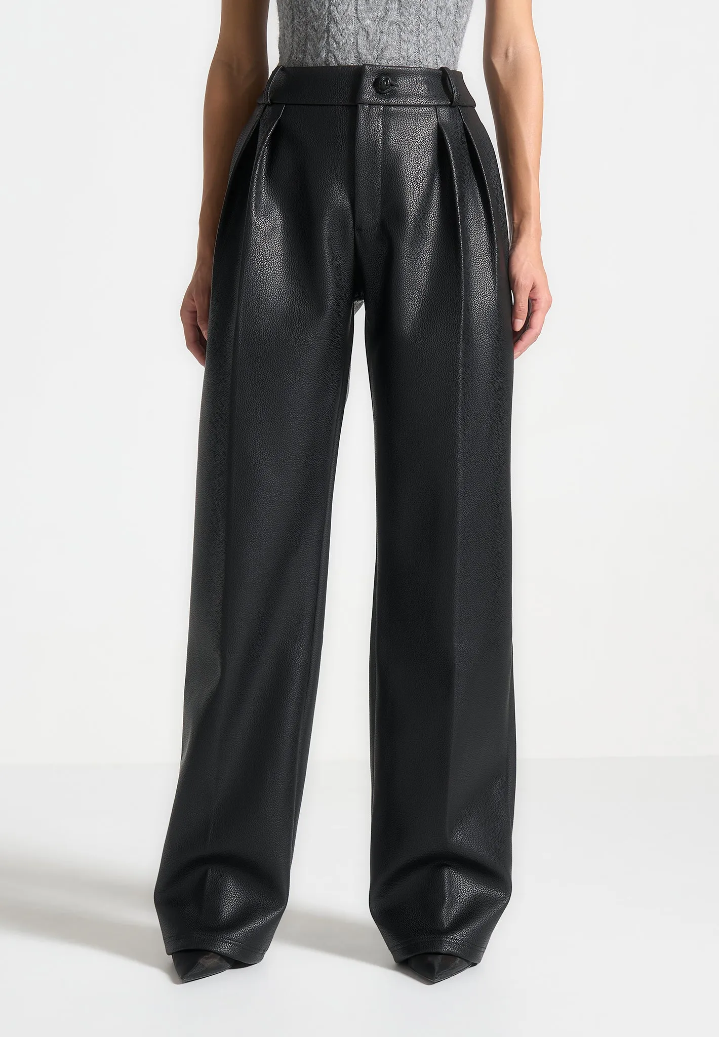 Olivia - Pebbled Leather Pleated Stacked Trousers - Black sold by Maniere De Voir