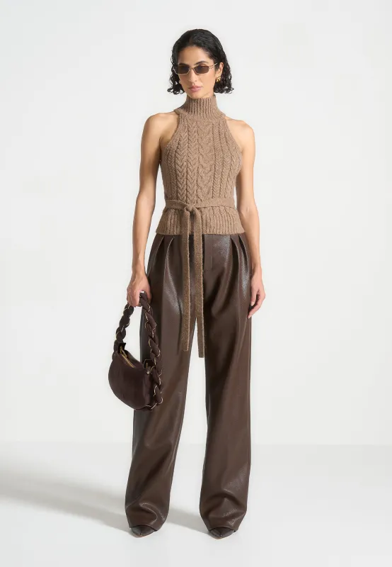 Olivia - Pebbled Leather Pleated Stacked Trousers - Brown sold by Maniere De Voir