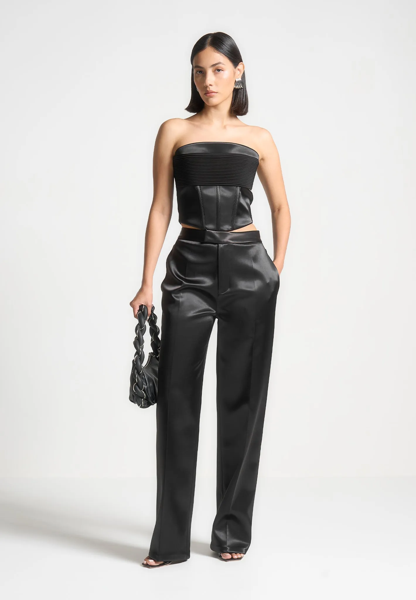 Cora - Satin Pintuck Bandeau Corset Top - Black sold by Maniere De Voir product image thumbnail 2