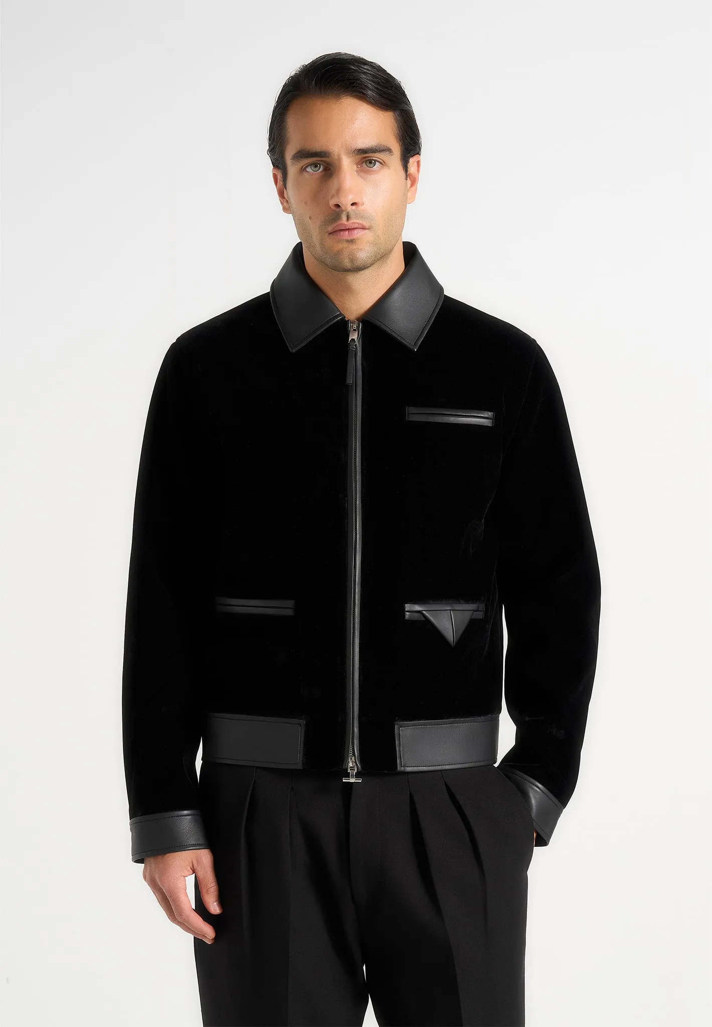 Tony - Velvet & Leather Contrast Jacket - Black sold by Maniere De Voir