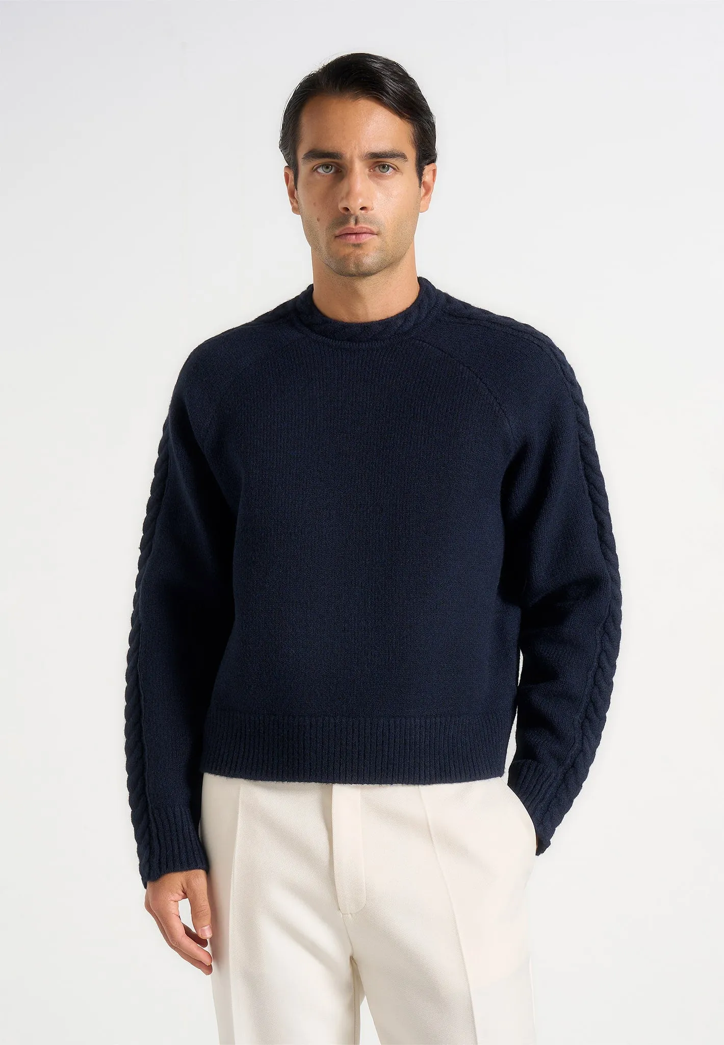 Raymond - Plait Detail Raglan Knit Jumper - Navy sold by Maniere De Voir