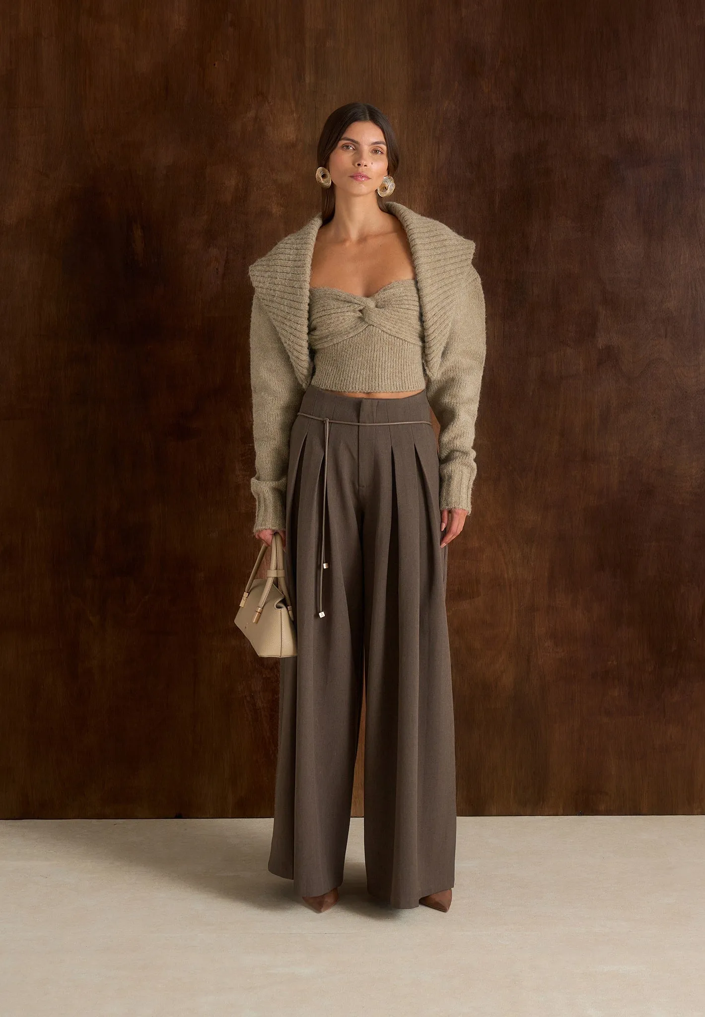 Emya - 2-in-1 Knit Shrug With Twisted Bandeau Top - Taupe sold by Maniere De Voir product image thumbnail 2