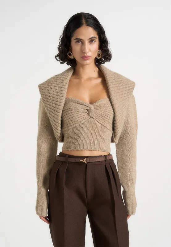 Emya - 2-in-1 Knit Shrug With Twisted Bandeau Top - Taupe sold by Maniere De Voir