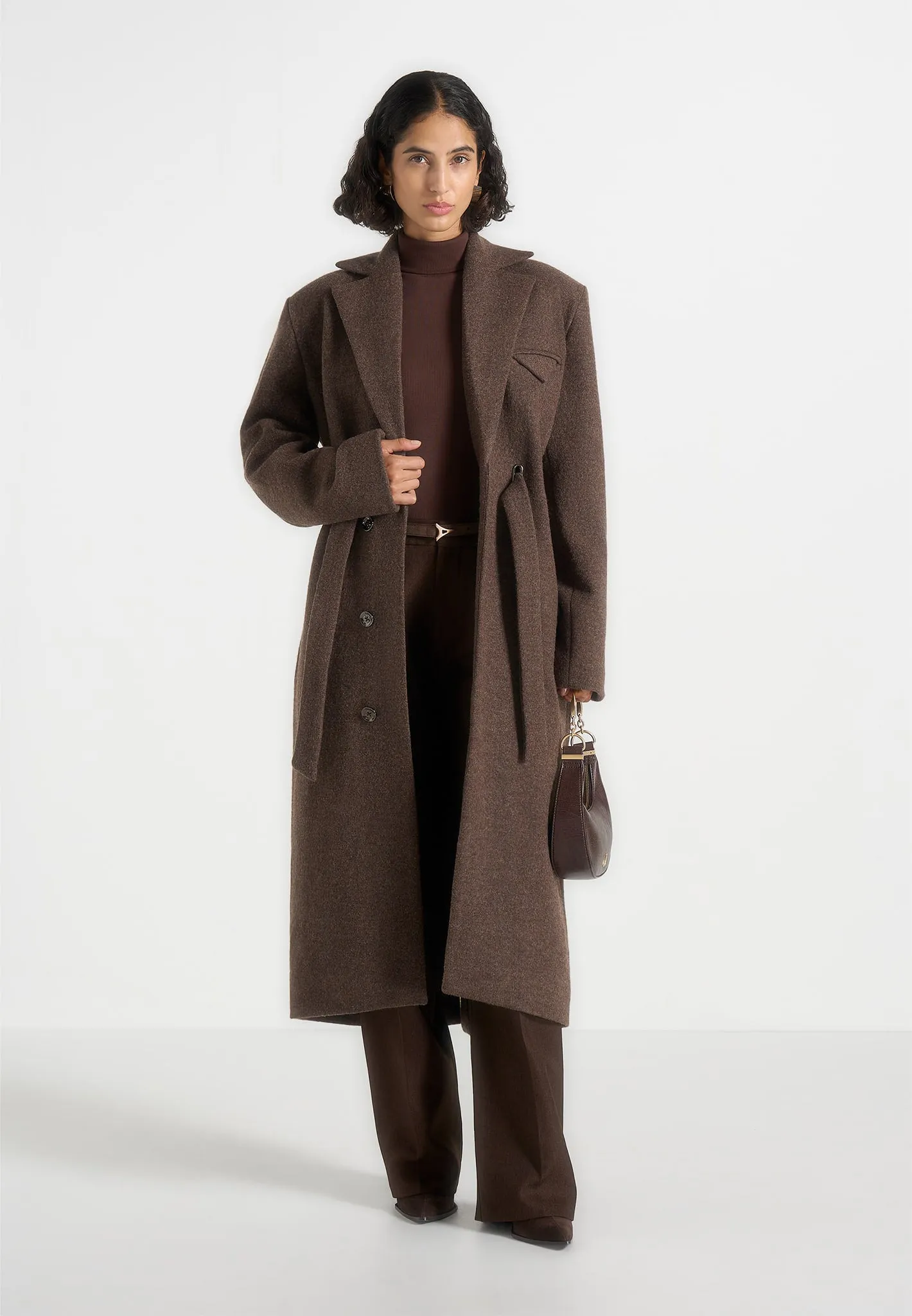 Jena - Wide Shoulder Wool Coat with Cinch Belt - Brown sold by Maniere De Voir product image thumbnail 3