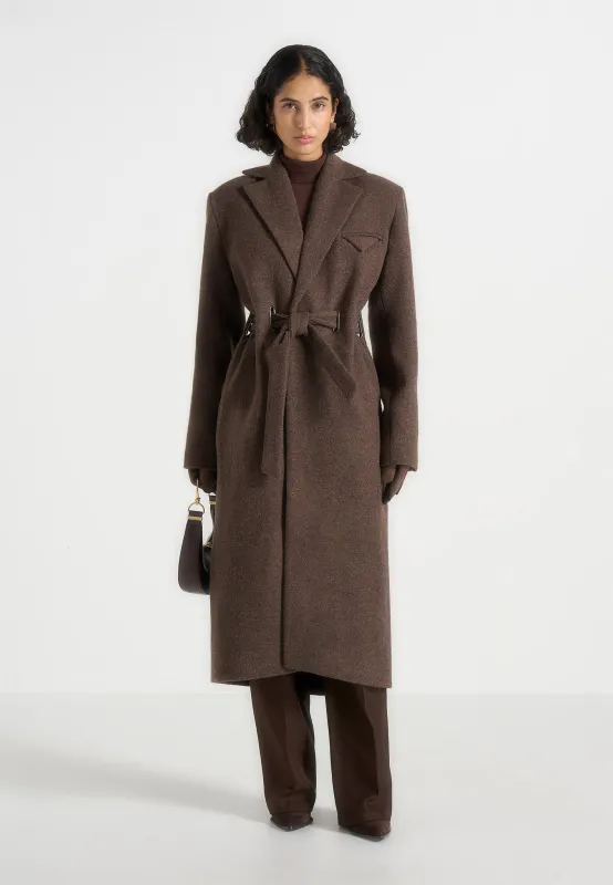Jena - Wide Shoulder Wool Coat with Cinch Belt - Brown sold by Maniere De Voir