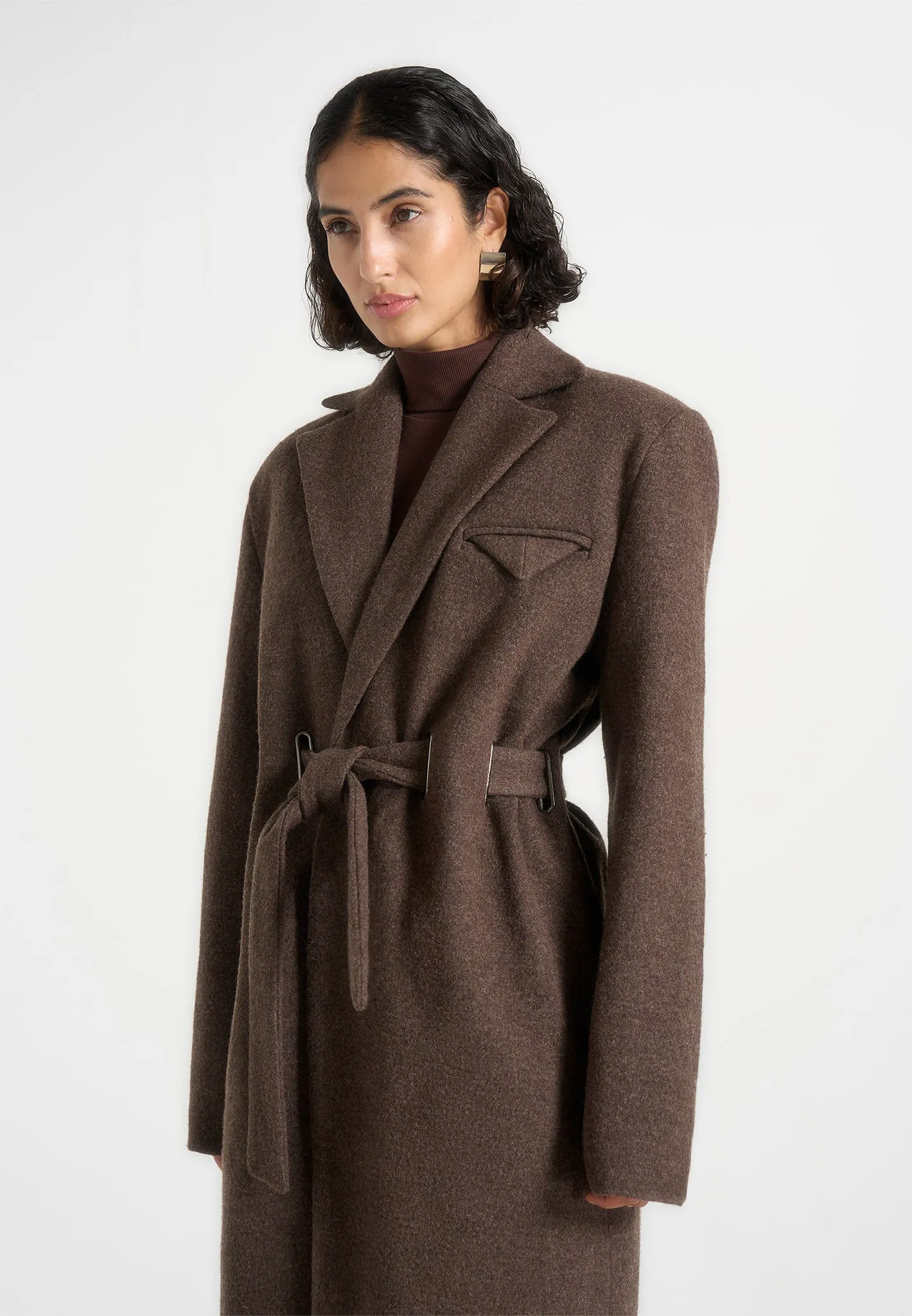 Jena - Wide Shoulder Wool Coat with Cinch Belt - Brown sold by Maniere De Voir product image thumbnail 4