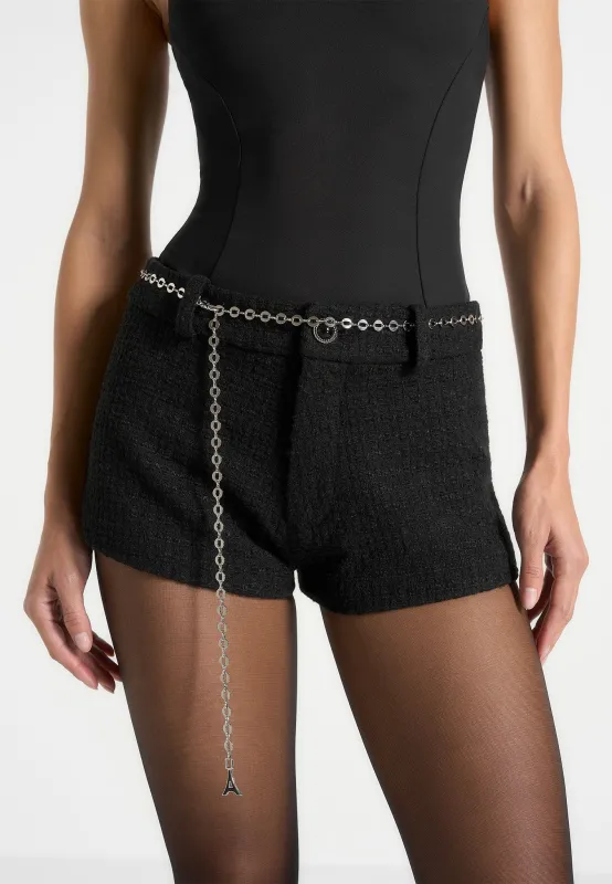 Elina - Tweed Mini Shorts With Belt - Black sold by Maniere De Voir