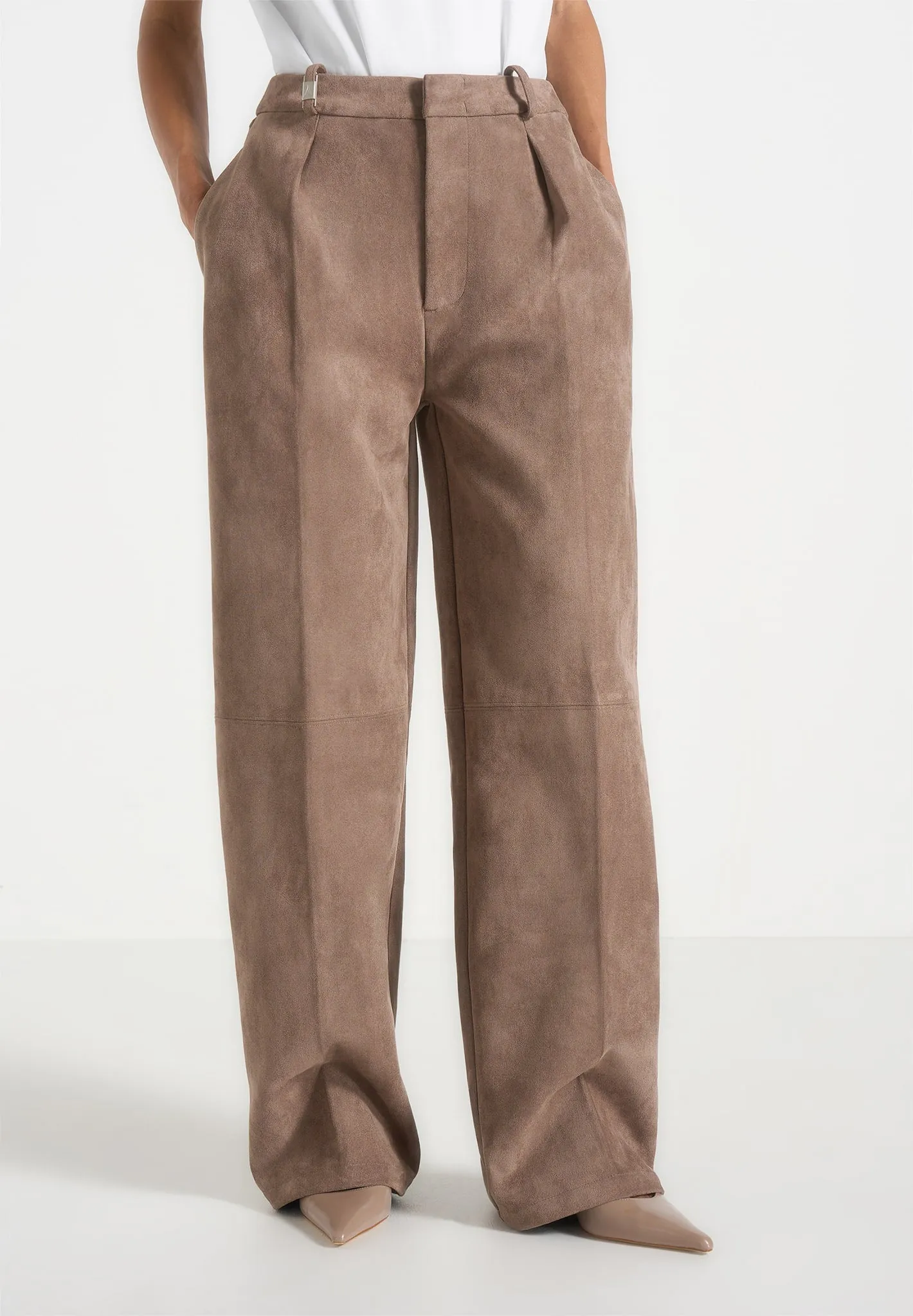 Solene - Suede Wide Leg Pleated Trousers - Taupe sold by Maniere De Voir product image thumbnail 3