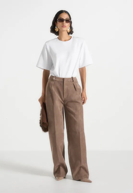 Solene - Suede Wide Leg Pleated Trousers - Taupe sold by Maniere De Voir