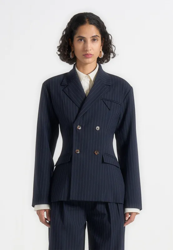 Maia - Pinstripe Double Breasted Blazer - Navy sold by Maniere De Voir