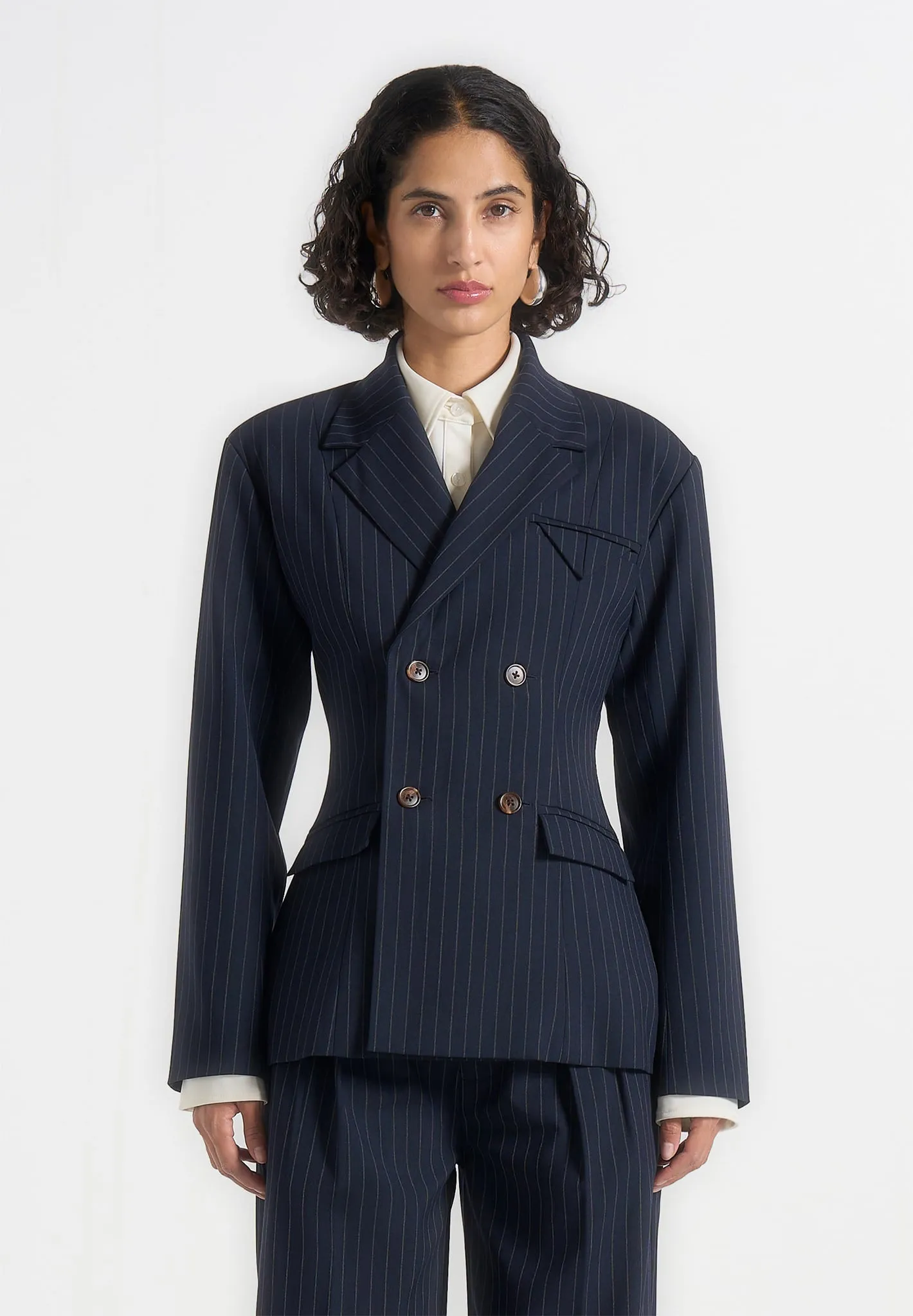 Maia - Pinstripe Double Breasted Blazer - Navy sold by Maniere De Voir