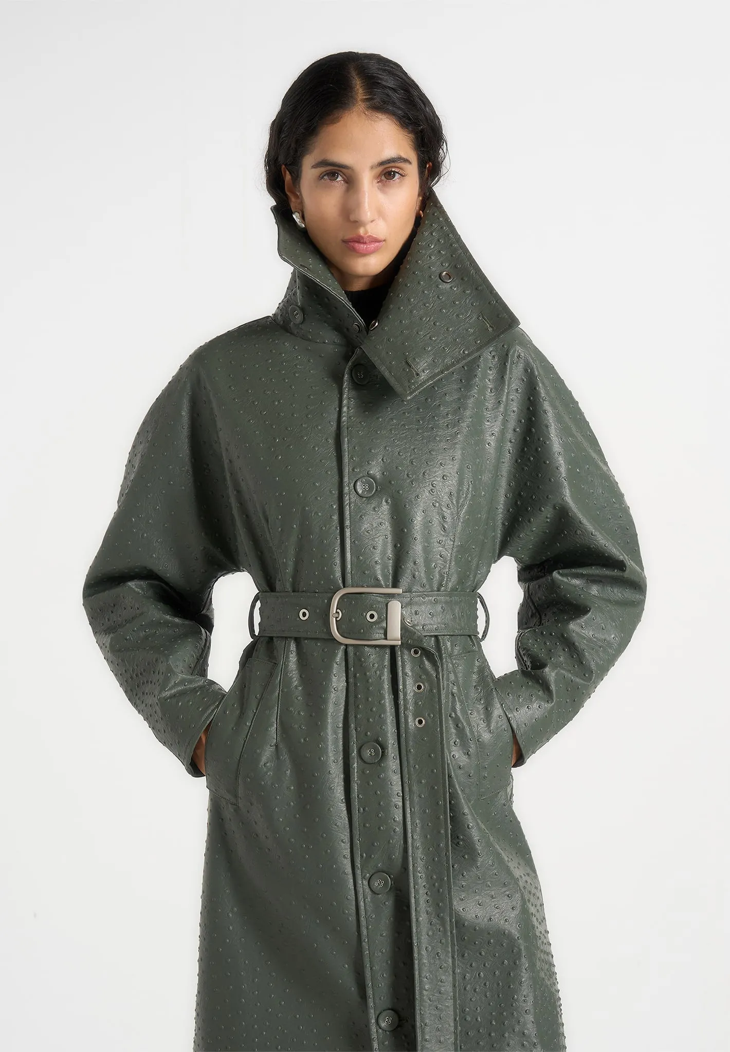 Leyna - Ostrich Hourglass Belted Coat - Olive sold by Maniere De Voir product image thumbnail 2
