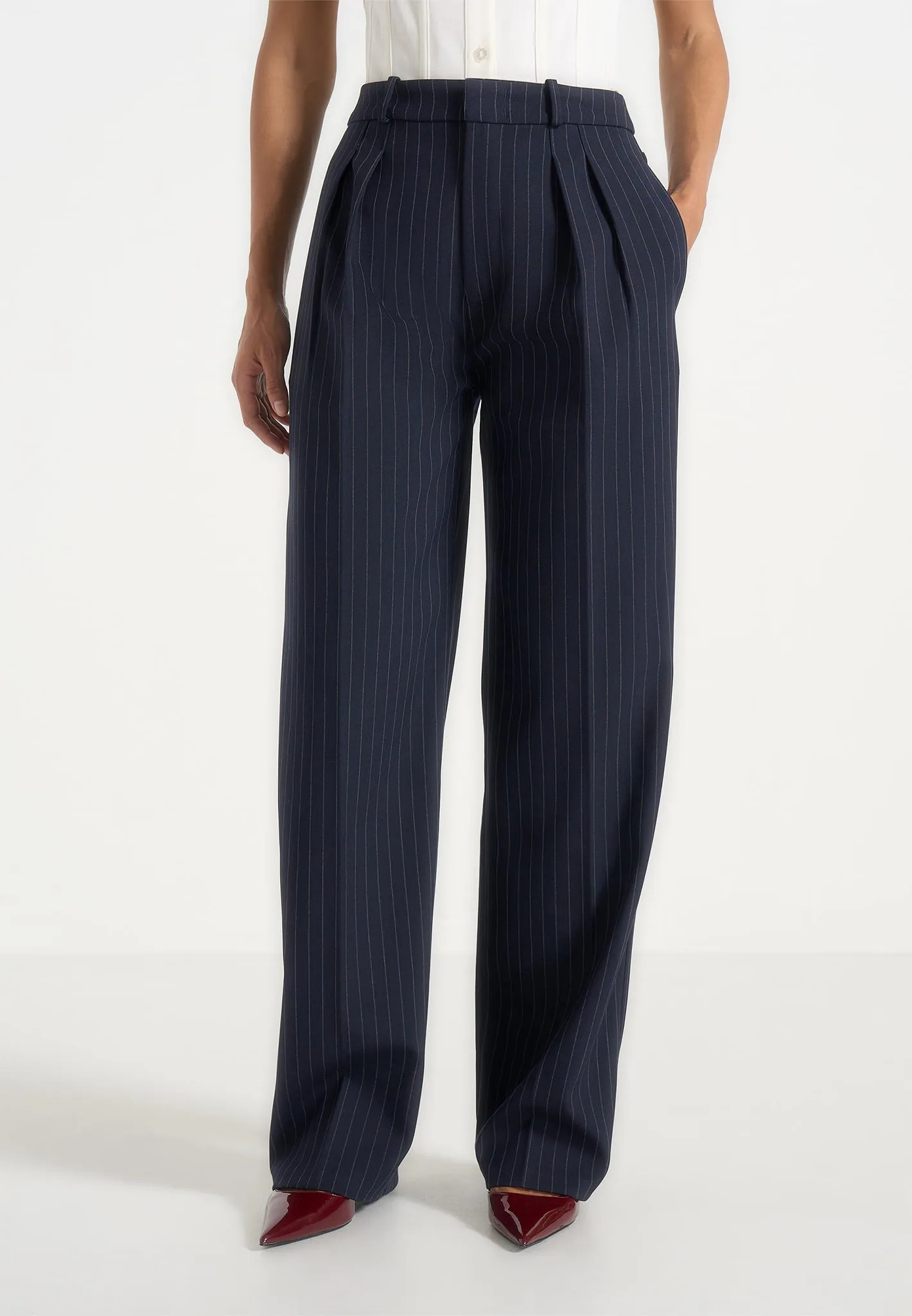 Julie - Pinstripe Twin Pleat Tailored Trousers - Navy sold by Maniere De Voir product image thumbnail 2