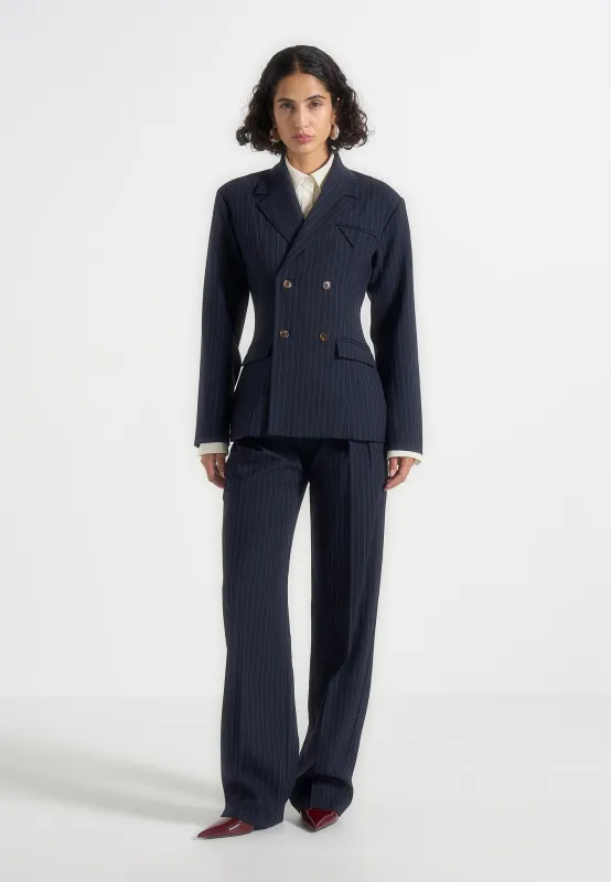Julie - Pinstripe Twin Pleat Tailored Trousers - Navy sold by Maniere De Voir